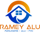 Logo Ramey Alu : maison stylisée avec toit en dégradé orange/bleu et flèches circulaires. Texte : RAMEY ALU MENUISERIE - ALU - PVC.